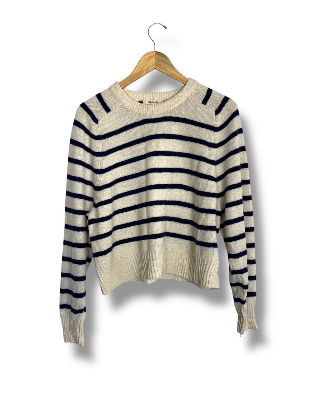 Madewell (Re)sourced Cashmere Wool Striped Crewneck Sweater Navy Cream Boxy M - Picture 5 of 12